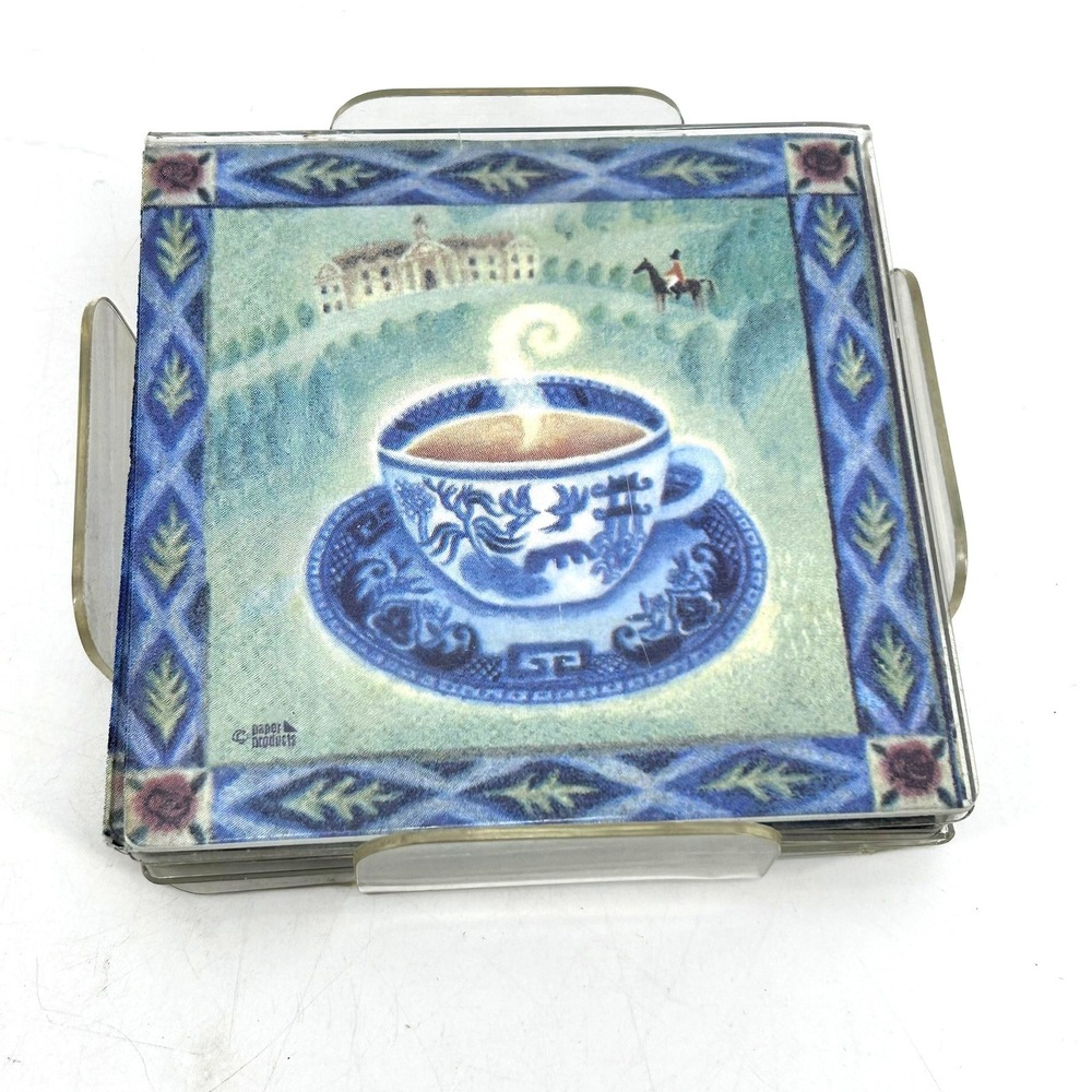 Sue Williams Blue Willow Coffee Tea Cup Acrylic Coaster Set of 4 with Holder